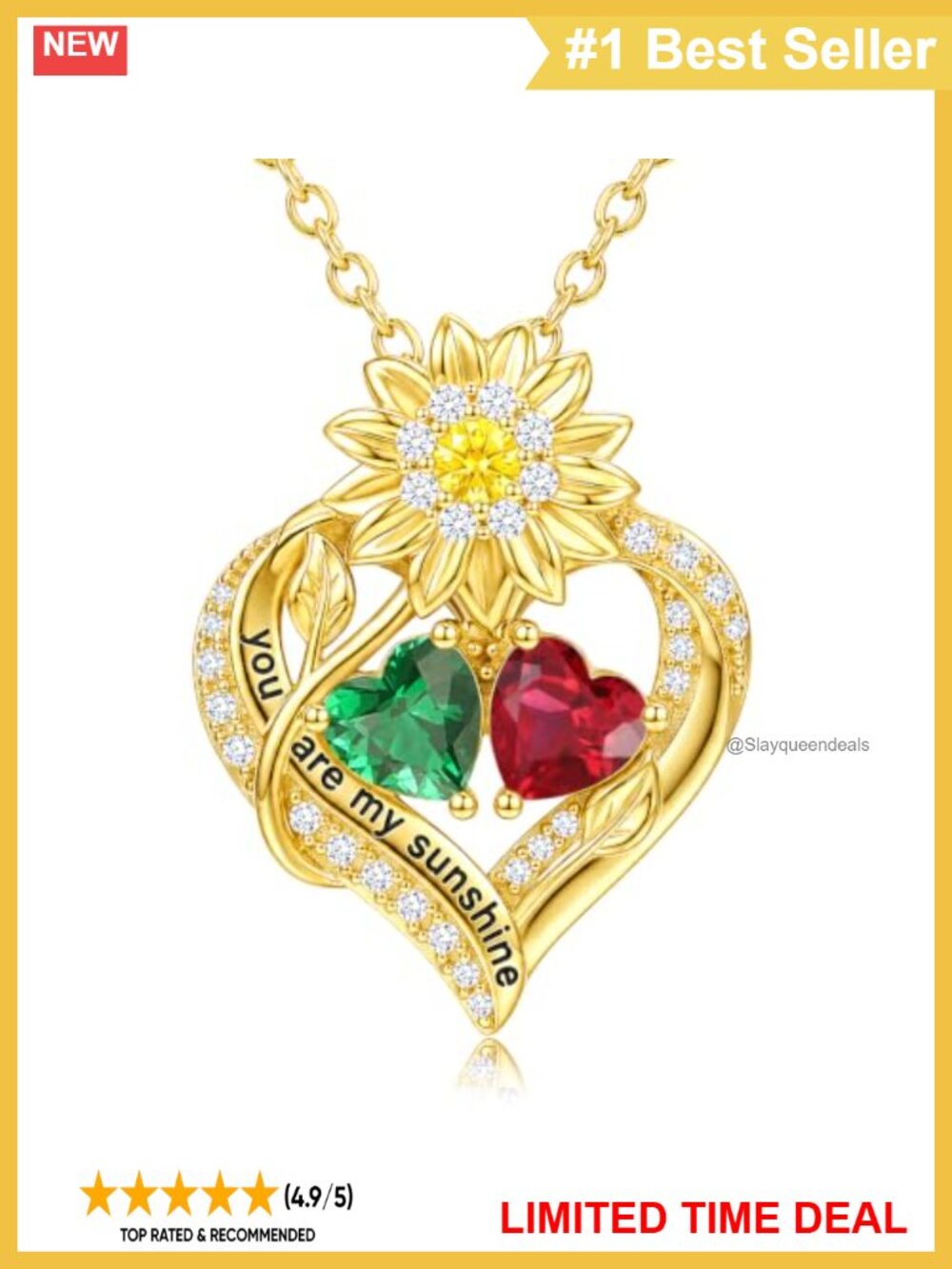 14K Gold Sunflower Double Birthstone Heart Pendant Necklace for Women Adjustable
